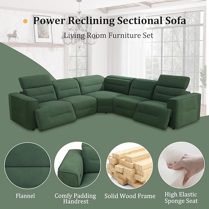 Power Recliner Sectional Sofa, L-Shaped Living Room Furniture Set, Flannel Sectional Sofa, Reclining Sectional Couch for Living Room/House/Apt (Green, 5 Seater)