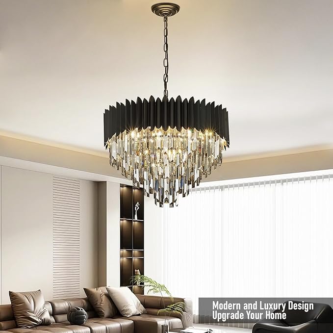 Black Crystal Chandelier 24'' K9 Smoke Gray Crystal Round Pendant Lights Adjustable 5-Tier Modern Chandelier Light 10-Lights for Dining Room Living Room Kitchen Foyer Entryway