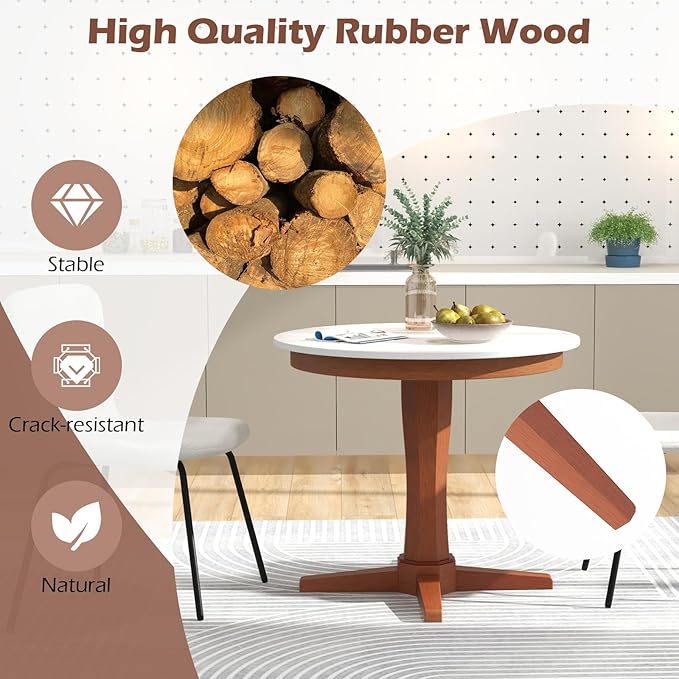 COSTWAY Round Table for 4 People, Wood Kitchen Table w/Rubber Wood Frame, Pedestal Base, Farmhouse Mid Century Dinner Table for Restaurant