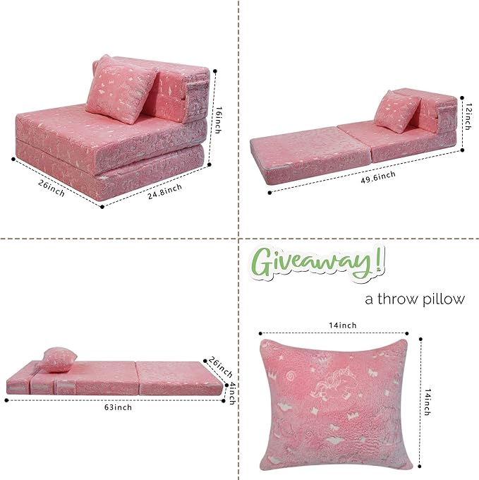 MeMoreCool Glow Pink Unicorn Tri-fold Sofa Bed for Kids, Foldable Futon Chair and Floor Couch, Convertible Trifold Mattress for Playroom