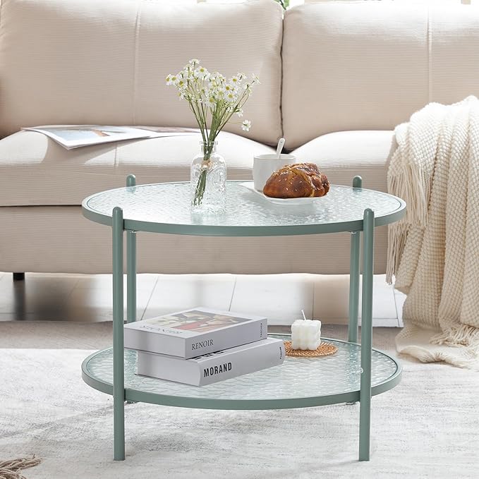 VINGLI 25.6" Small Light Bright Green Round Coffee Table Water-Wave Glass Circle Clear Center Coffee Table with 2-Tier Modern Storage Design for Living Room, Bedroom, Meeting Room, Balcony, Patio