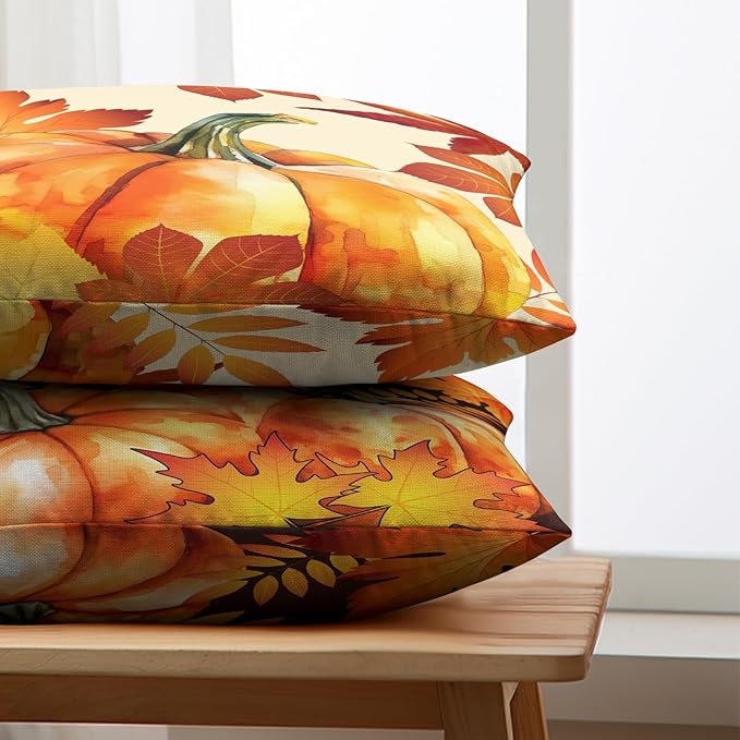 Fall Throw Pillow Covers 12x20 Set of 2 Orange Black Maple Leaves Pumpkin Autumn Lumbar Pillow Case Thanksgiving Harvest Farmhouse Outdoor Rectangle Cushion Case for Sofa Couch