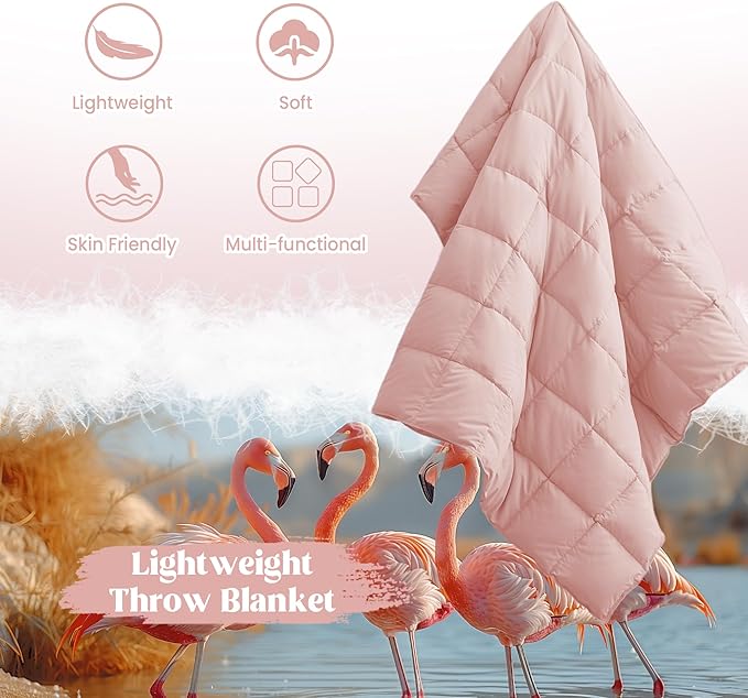 puredown® Soft Feather Down Throw Blanket Lightweight Packable Couch Throw for Indoor and Outdoor Use, Throw 50"X70", Pink