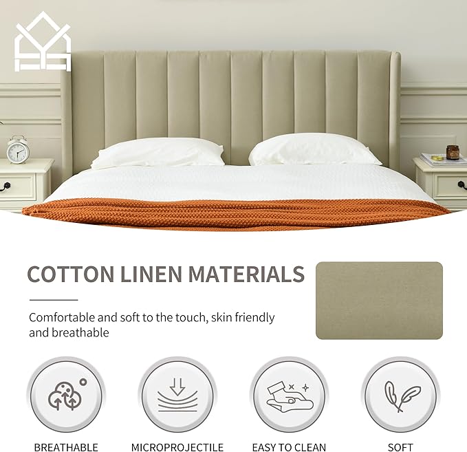 YUHUASHI upholstered Platform Bed Frame/King Bed Frame/Modern Geometric Double-Wing Design headboard/Linen Fabric/Easy to Assemble no Noise (Beige, King (U.S. Standard))