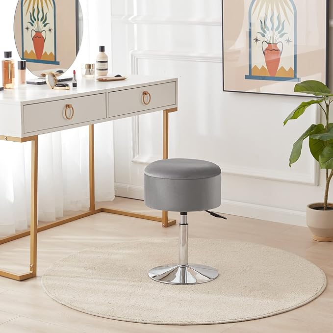 Adjustable Ottoman Stool Grey Vanity Stool Vanity Chair for Makeup Room Stool Chair for Vanity Stool with Storage Makeup Stools with Storage Swivel Makeup Chair for Bathroom Velvet