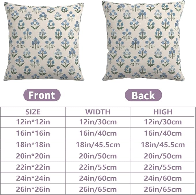 Floral Pillow Covers 16x16 Set of 2 Blue Green Block Print Throw Pillow Cases Vintage Flower Pattern Pillowcases Spring Summer Rustic Outdoor Cushion Covers for Farmhouse Sofa Couch Decor