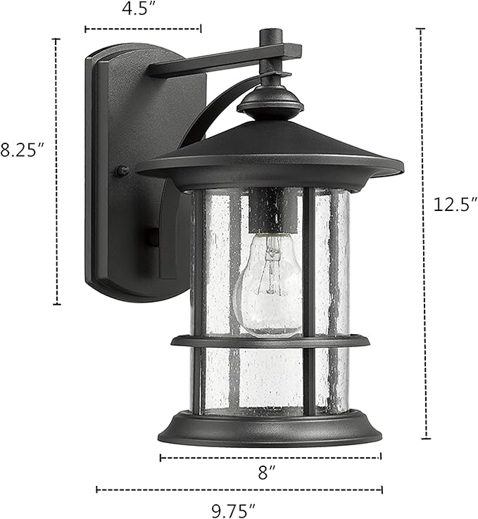 MICSIU 12.5" Textured Black Outdoor Wall Sconce 2 Pack, Large Exterior Light Fixtures with Clear Seedy Glass, Waterproof Anti-Rust Wall Mount Lantern for House, Porch, Garage, ETL Listed