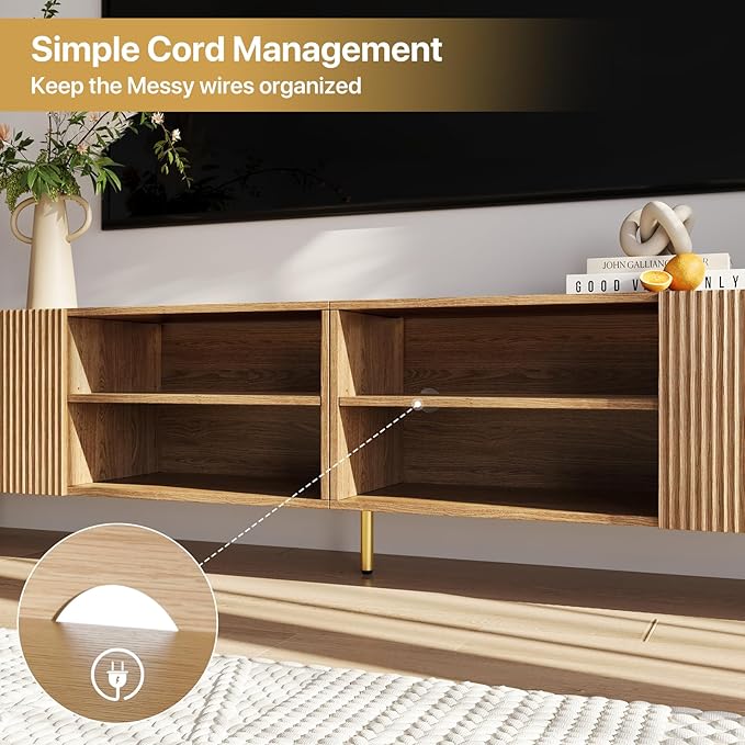 Modern 86in TV Stand for Living Room, Fluted Design Entertainment Center with Adjustable Shelves,Media TV Console Table with Storage for Bedroom,Nature