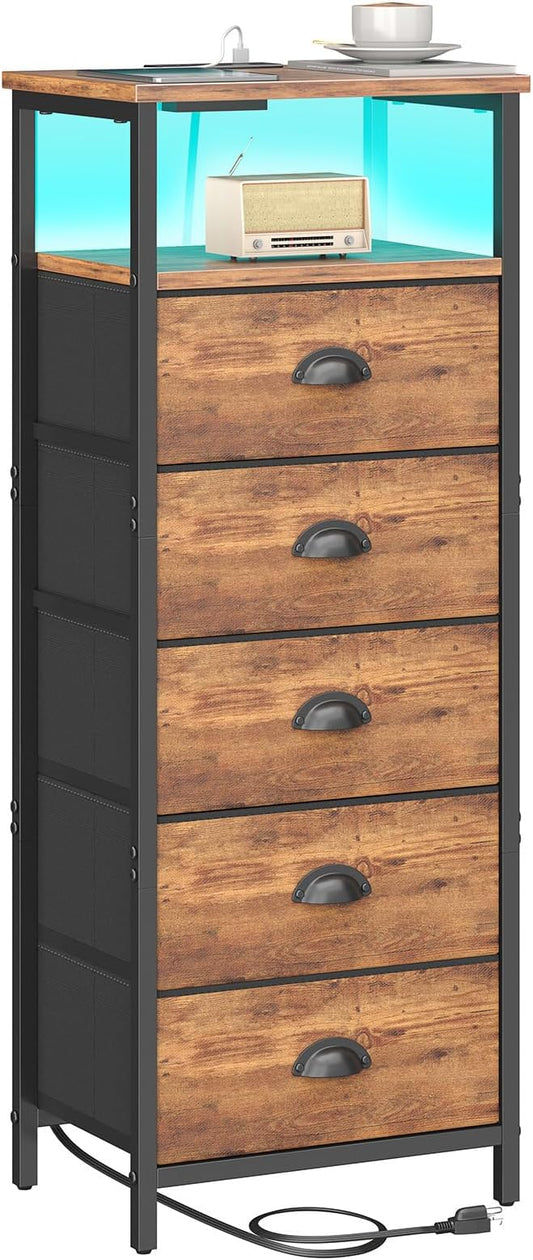 Nightstand with Charging Station,LED Night Stand with 5 Fabric Drawers, Bedside End Tables, 2-Tier Open Storage Shelf Side Table Nightstands with Drawers for Bedroom,Rustic Brown