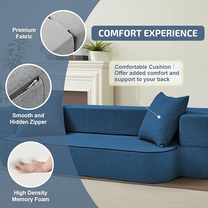 SUYOLS 2-in-1 Folding Sofa Bed with Pillows - Folding Chair Floor Couch & Sleeping Mattress - Washable Cover & Memory Foam Sleeper Chair for Living Room/Guest Room/Apartment/Loft, Navy Blue, Twin XL