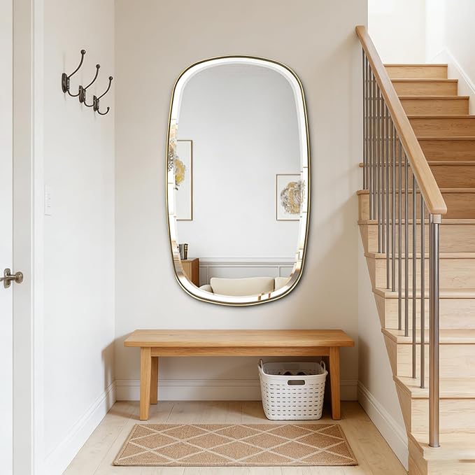 POZINO Brushed Gold Beveled Mirror, 24"x40" Modern Rectangle Mirrors with Stainless Steel Frame, Brass Oblong Vanity Wall Mirror for Bathroom Living Room Entryway, Hangs Vertically or Horizontally