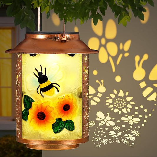 Bees Solar Lanterns Outdoor Waterproof,Birthday Gifts for Women Mom Grandma Garden Decor,Hanging Solar Lights Wall Mount Decorations for Yard,Front Porch,Patio,Lawn Pathway Landscape