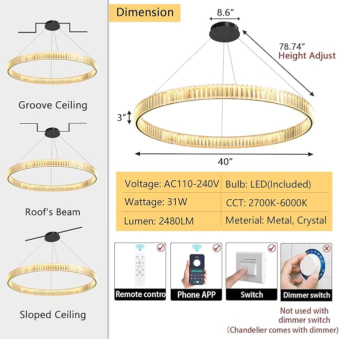 40'' Modern Ring Chandelier Crystal Chandeliers for Dining Room Round LED Dimmable Ceiling Light Fixture for Living Room Bedroom Lighting Black