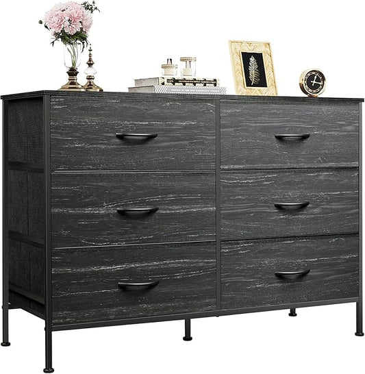 WLIVE 6 Drawer Dresser for Bedroom, Wide Fabric Dresser TV Stand for 50 Inches TV with Metal Frame, Wooden Top, Chest of Drawers, Dressers for Living Room, Hallway, Charcoal Black Wood Grain Print