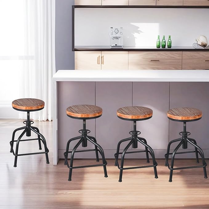 Topower Farmhouse Kitchen Stool, Industrial Counter Stool, Kitchen Deco Round Seat Standard Height Adjustable Swivel Bar Stools Indoor House Design Wood Seat Black Set of 2