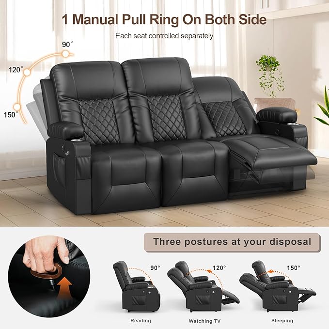 FURNIMAT Recliner Sofa Set with 3+1+1 Pieces in Living Room, 3 Seater Reclining Sofa, 2 Recliner Chair with 360 Degree Swivel Single Sofa Seat, Black, FU-RC06-PUBK-3+1+1