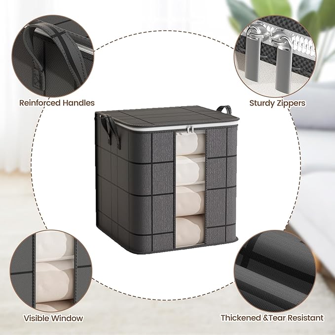 3 Pack 100 L Clothes Storage Bags, Collapsible Closet Organizers, Large Storage Bins with Reinforced Handles, Heavy-Duty Storage Totes for Clothes, Comforters, Blankets & Pillows (Black)