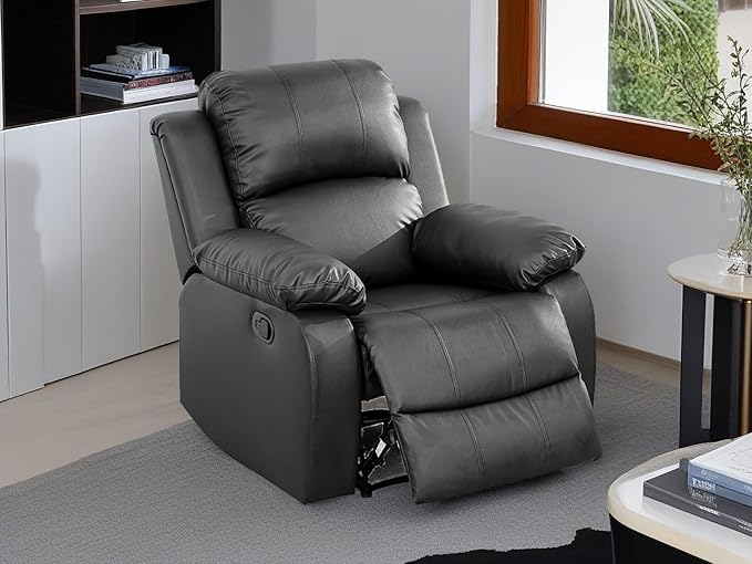 Modern Black Recliner Chair Bonded Leather Reclining Chair Home Theater Seating Living Room Furniture Manual Recliner Single Chair with Armrest & Lumbar Support for Home/Rv Car (Black, Chair)
