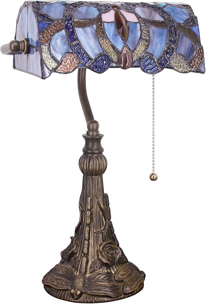 Tiffany Banker Lamp Small Stained Glass Table Lamp Tiffany Style Piano Light Blue Purple Cloudy Style Desk Lamp Angle Adjustable 10.6X15.7 Inch for Home Office Living Room Bedroom