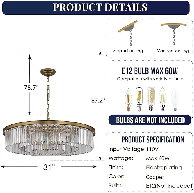 Large Crystal Chandelier Modern Luxury Pendant Ceiling Lights Fixture Antique Gold Chandelier for Dining Room Living Room 12-Lights 3-Tier Raindrop Chandeliers Lighting (Gold, Dia 31 Inch)
