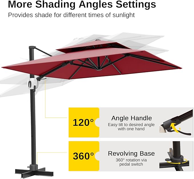 EAST OAK and Flame&Shade Patio Umbrella, 10ft Square Outdoor, Large Offset Cantilever Umbrella with 360° Rotation, Heavy Duty Windproof and UV Resistant Double Top for Pool and Deck, Wine Red