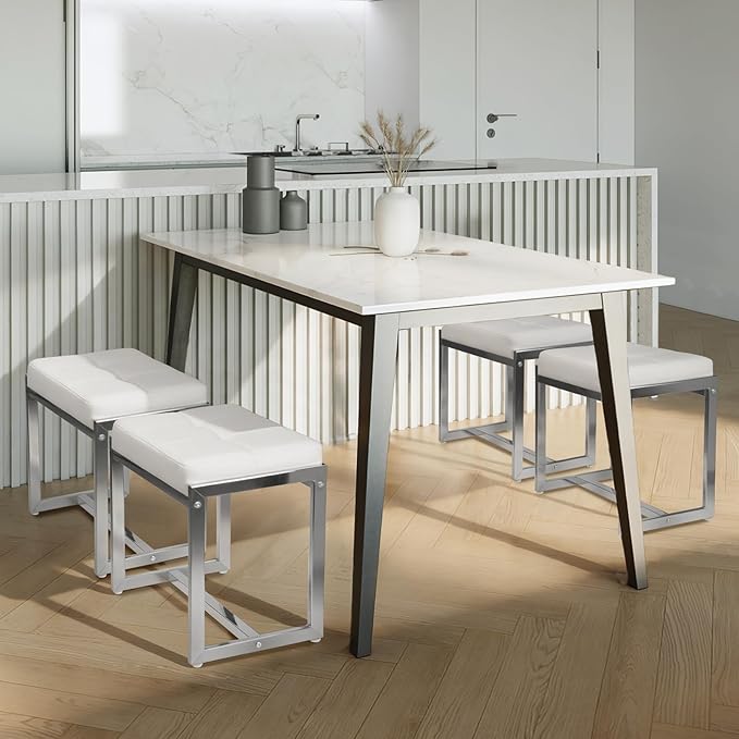 Vanity Stool, Vanity Chair Stools for Makeup Room, Faux Leather Small Makeup Bench, Modern Silver Metal Legs Ottoman Foot Rest for Bedroom Living Room, White & Silver