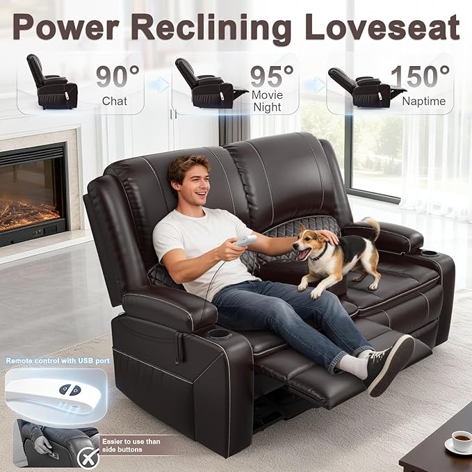 Yolsali Power Reclining Loveseat with Remote Control, Zero Wall Hugger RV Loveseat Recliner Sofa for Living Room with Removable Armrest, 2-Tier Cushions, Hidden Storage & USB Ports, PU Leather Brown