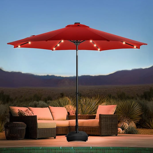 wikiwiki 10FT Solar Led Patio Umbrella with Base Included, 32 LED Lights, 8 Sturdy Ribs, Fade Resistant Waterproof POLYESTER DTY Canopy for Garden, Lawn, Deck, Backyard & Pool, Red