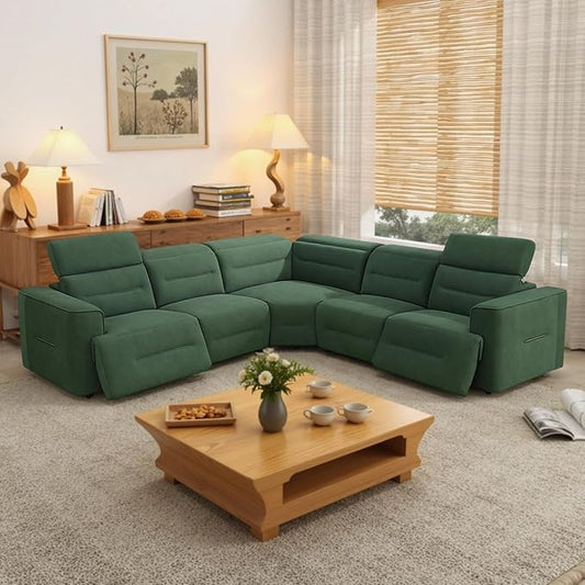 Power Reclining Sectional Sofa Set with USB Ports & Adjustable Headrest, 5-Seater L-Shaped Flannel Recliner Sectional Couch for Living Room,Green