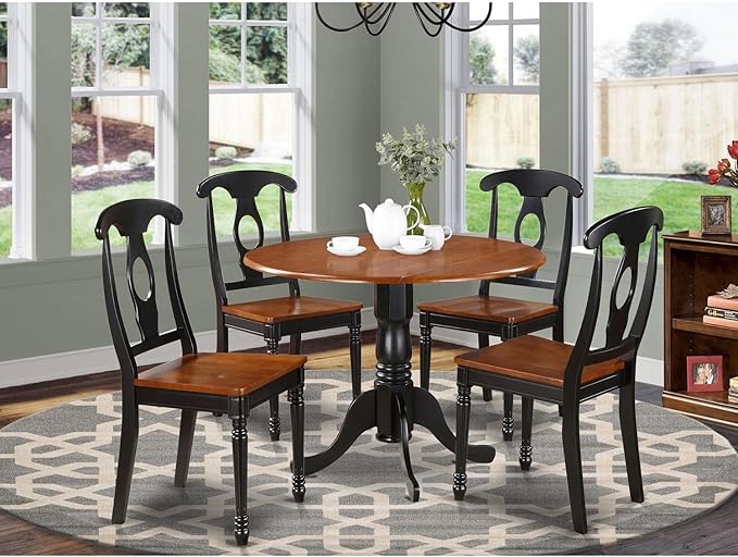 East West Furniture DLKE5-BCH-W 5 Piece Dining Room Furniture Set Includes a Round Dining Table with Dropleaf and 4 Wood Seat Chairs, 42x42 Inch, Black & Cherry