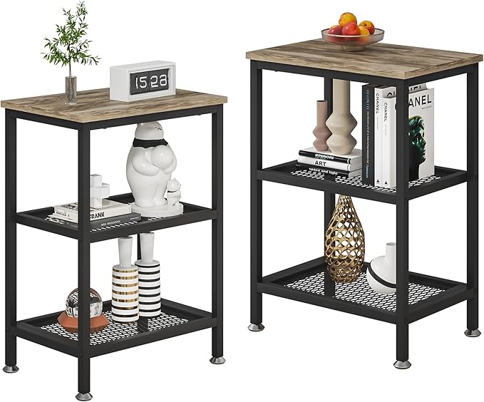 VECELO Tall End Side Tables, 30" Height Nightstand with 3-Tier Storage Shelf for Bedroom Living Room, Easy Assembly,Industrial Style, Grey