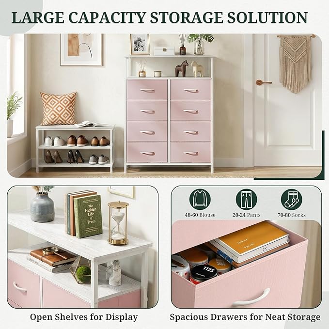 8 Drawers Dresser with Open Shelf, 46" Tall Storage Organizer Chest of Drawer with Wooden Top, Sturdy Metal Frame for Bedroom, Hallway, Living Room, Pink