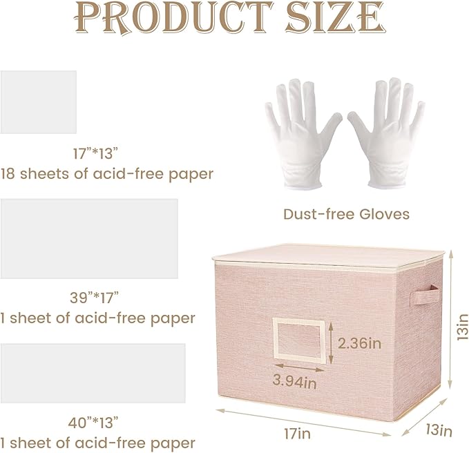 Wedding Dress Storage Box with 1 Pair of Microfiber Gloves and 20 Sheets of Acid-Free Paper, Wedding Dress Preservation Box for Heirlooms, Gowns Bride Musthaves (Pink)