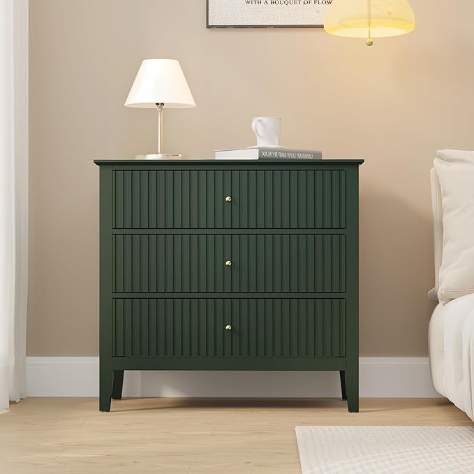 Large Green 3 Drawer Dresser, Painted 30 Inch Tall Wood Nightstand with Storage, Wide Modern Chest of Drawers with Ball Bearing Slide for Bedroom Hallway Living Room Entryway Office