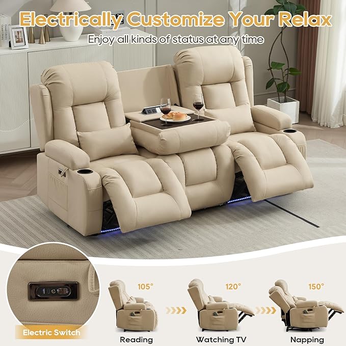 IPKIG Power Loveseat Recliner Sofa with Flip-Up Backrest Console, USB & USB-C Ports, AC Outlet, LED Lights, Wall Hugger Recliners for Living Room, RV, Home Theater (Beige, 76.8" - 3 Seat) | Leathaire Fabric, Zero Gravity, Dual Reclining, 2 Lumabr Pillow