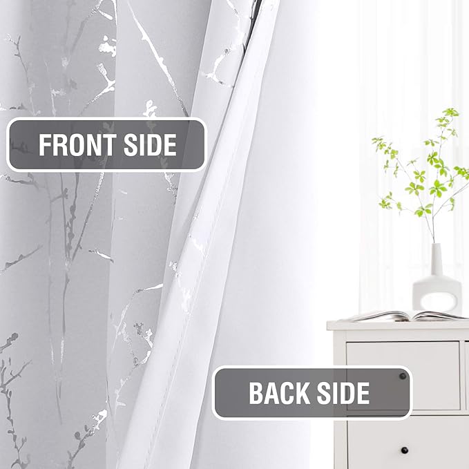 H.VERSAILTEX White Curtains for Bedroom Foil Print Twig Tree Branch Thermal Insulated Grommet Curtain Drapes Light Blocking Thick Soft Window Curtains for Living 52 x 63 Inch, 2 Panels, Pure White