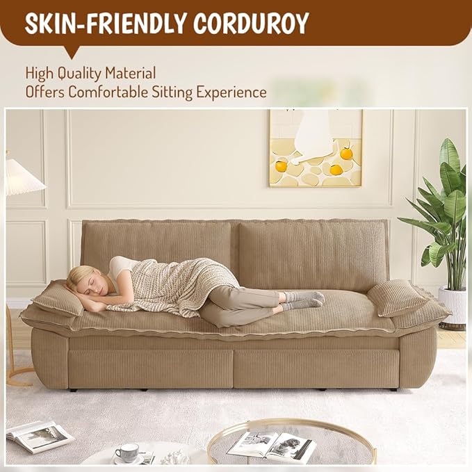 KEIKI 73.2" Luxury Queen Sleeper Sofa Bed, 3-in-1 Convertible Pull Out Couch with Chaise Lounge, Plush Corduroy Cloud Loveseat Sofa for Deep Relaxation Living Room Bedroom Comfort Seating