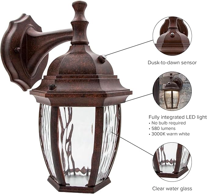 Maxxima LED Outdoor Wall Light - Features Clear Water Glass, 3000K Warm White, 580 Lumens, Dusk to Dawn Photocell Light Sensor, Patio or Porch Sconce Fixture, Ideal for Exterior Decor Lighting - Brown