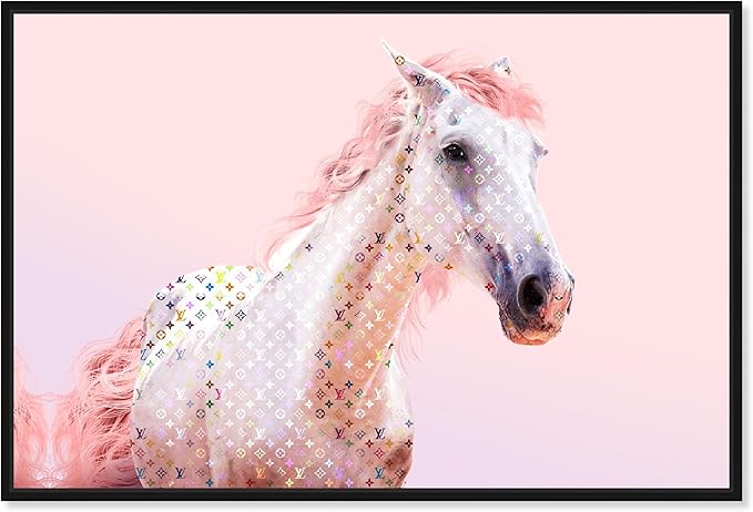 Country Farmhouse Canvas Print Painting Animal Wall Art 'Pink Glam Horse' Black Framed Canvas Rustic Home Décor 36x24 in Pink, White by Oliver Gal