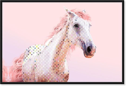 Country Farmhouse Canvas Print Painting Animal Wall Art 'Pink Glam Horse' Black Framed Canvas Rustic Home Décor 15x10 in Pink, White by Oliver Gal