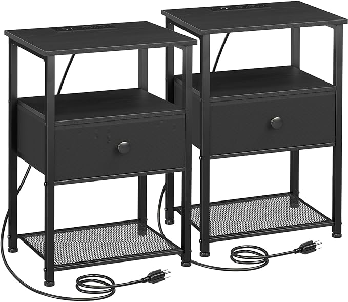 Night Stand Set 2, Nightstand with Charging Station, End Tables Living Room with Fabric Drawer for Small Spaces, Bed Side Tables with Storage Shelf for Bedroom, Black, HETS010BK