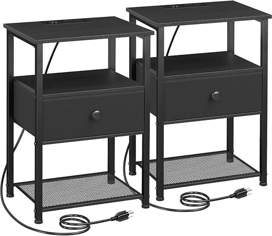 Night Stand Set 2, Nightstand with Charging Station, End Tables Living Room with Fabric Drawer for Small Spaces, Bed Side Tables with Storage Shelf for Bedroom, Black, HETS010BK