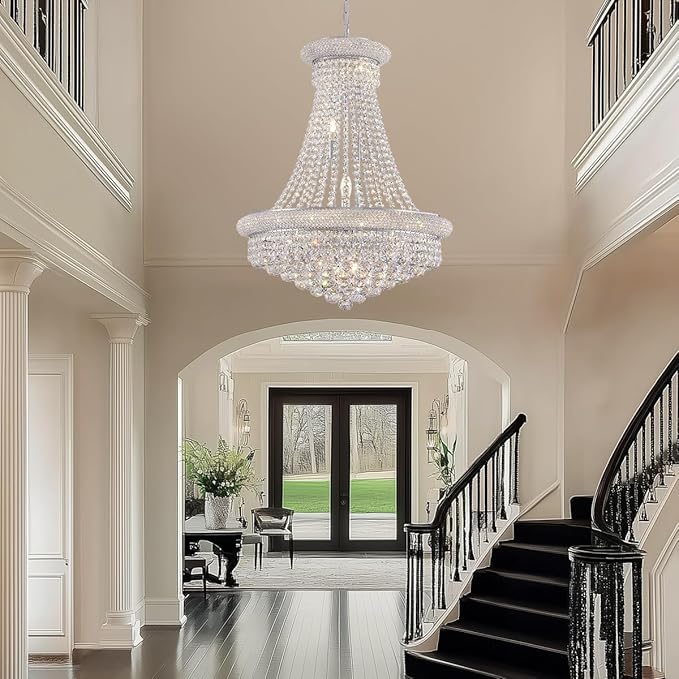 Modern Crystal Chandeliers Foryer Chandelier for High Ceilings, 11-Lights Silver Empire Crystal Chandeliers for Living Dining Room Entryway Hallway(D23.6)