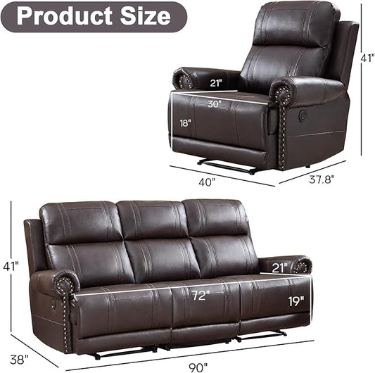 EBELLO Faux Leather Electric Reclining Sofa Set, Power Recliner Four Seats Sofa Set, a Chair and a 3-Seat Sofa with USB and Type-C Charging Ports, Vintage Rivet Design for Small Living Room, Brown