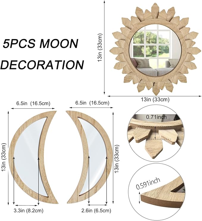 5 Pieces Moon Phase Mirror Wall-Mounted Wall Decor Mirrors Natural Wooden Sunburst Bohemian Wall Art for Home Living Room Bedroom Decoration (Natural)