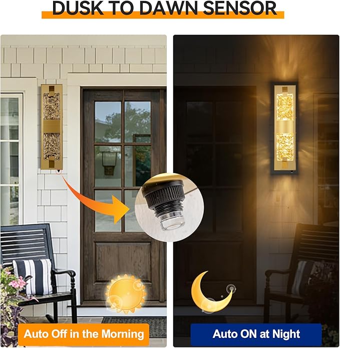 Dusk to Dawn Outdoor Lighting 2Pcs 18.8" Modern Ripple Crystal Porch Lights Outdoor, Waterproof IP65 Hardwired Wall-Mounted Exterior Light for House Entryway, Patio, Doorway (Gold)