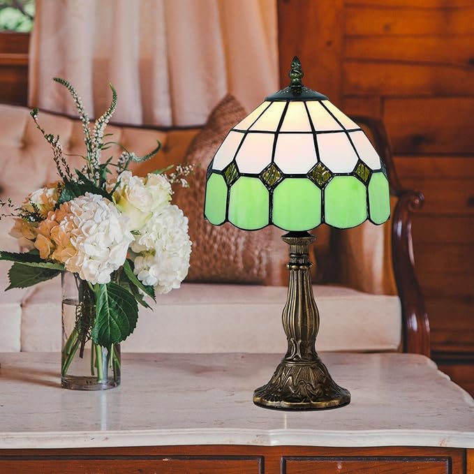 Table Lamp Tiffany-Style 8 Inch Mediterranean Series Stained Glass Lampshades Small Bedside Lamp Reading Antique Desk Light Livingroom Bedroom Office Vintage Art De(Color:Green)