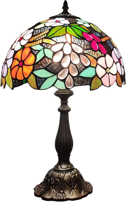 Tiffany 3-Color Stained Glass Lamp - Vintage Beside Reading Lamp, 12 inch Living Room Light, Flowers Style Antique Nightstand Light (Grapes Flowers)