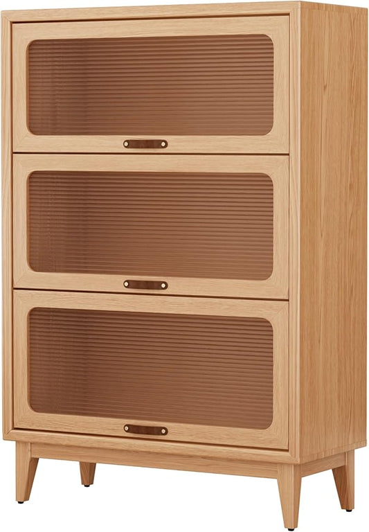 AQIMUELE Solid Wood Bookcase with Glass Doors, 3 Shelf Bookshelves and Bookcases, Mid Century Modern Bookshelf with Glass Doors, Kitchen Pantry Cabinet (Natural, 31.5" W)