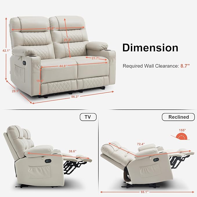 MCombo 56.3" Zero Gravity Power Loveseat Recliner with Heat and Vibration Massage, Reclining Loveseat Sofa with USB Ports, Cup Holders for Living Room, Faux Leather PR622Sets (Light Grey)